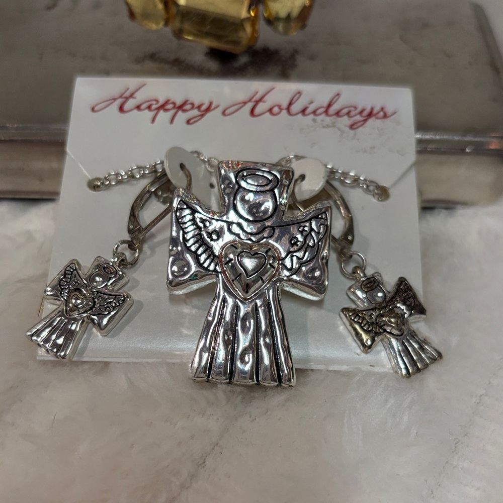 Silver Angel Pendant Necklace and Earring Set